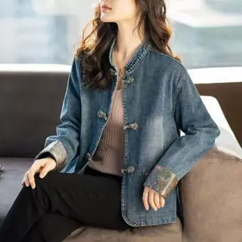 Новый китайский стиль женский зимний сезон новый стиль популярный китайский стиль складной топ с длинными рукавами S синий