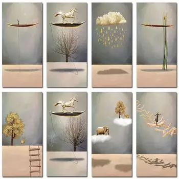 Новый китайский стиль Золотая лодка Холст Картина Природный пейзаж Абстрактные постеры и принты Настенная картина для декора гостиной 20x40cm Unframed