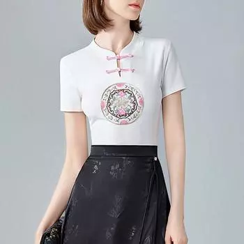 Новый китайский топ на пуговицах для лета, новый стиль, вышитая спереди на плече футболка с короткими рукавами и небольшим стоячим воротником, женская одежда в китайском стиле S белый