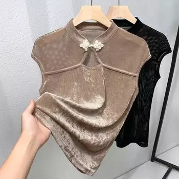 Новый китайский топ на пуговицах для женщин на осень, новая черная базовая рубашка в стиле ретро, футболка в китайском стиле с открытыми рукавами S чёрный