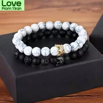 Новый классический переплетенный стежок лава и матовый оникс камень с короной аксессуары бусины браслет украшения для рук для женщин мужчин