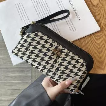 Новый клатч с вышивкой «гусиные лапки», натуральная кожа, женские клатчи, брендовый дизайн, длинный кошелек из яловой кожи с пчелой, женский кошелек для телефона чёрный