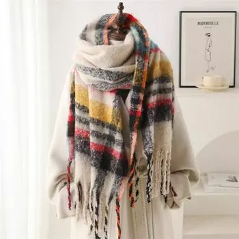Новый клетчатый шарф-имитация кашемира для мужчин и женщин, зимний теплый шарф, шарф с бахромой в сочетании цветов, длинная теплая шаль, повседневные винтажные накидки 220x50cm