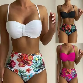 Новый комплект бикини с принтом «бохо» на тонких бретельках, тропический, с высокой талией, утягивающий живот S белый