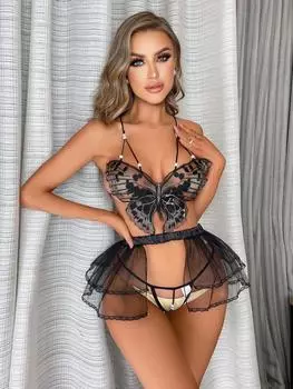 Новый комплект из 3 предметов нижнего белья с вышивкой в виде бабочки, платье принцессы, ажурный бюстгальтер со шнуровкой, сетчатая юбка, женская соблазнительная униформа S