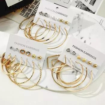 Новый комплект из 6 металлических серег, ретро-серьги с жемчугом и бриллиантами, высококачественные серьги, премиальное чувство alloy