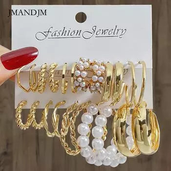 Новый комплект из 6 пар серег из сплава с жемчугом в стиле ретро геометрической формы C-типа для женщин, модные высококачественные серьги alloy