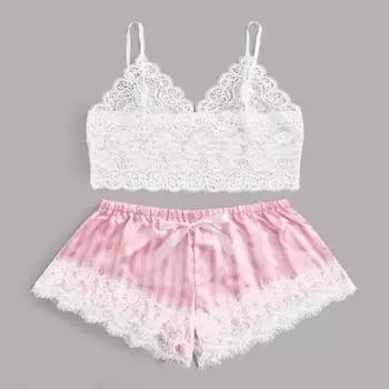 Новый комплект из двух предметов домашней одежды из искусственного шелка черного цвета, модный и удобный кружевной пижамный комплект M