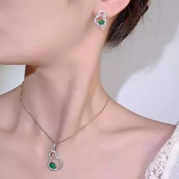 Новый комплект из сережек-гвоздиков с тыквенными драгоценными камнями, изумрудная цепочка на ключицу цвета голубиной крови с красным корундом из серебра 925 пробы для женщин