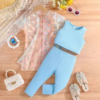 Новый комплект из трех частей: сетчатая куртка с бабочками для девочек + жилет + брюки, комплект для малышей 12 месяцев-5 лет 18-24M синий