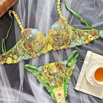 Новый комплект нижнего белья для девочек с цветочной вышивкой и небольшой грудью S жёлтый