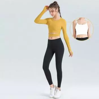 Новый комплект одежды для йоги, три предмета, топ для йоги, спортивная одежда с длинными рукавами, женская спортивная одежда на открытом воздухе, повседневная одежда для фитнеса S жёлтый/чёрный