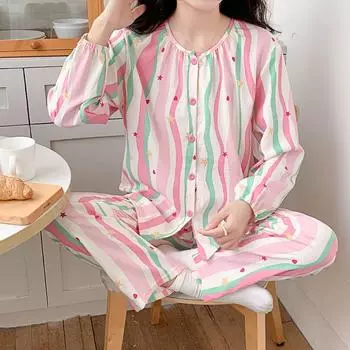 Новый комплект пижамы для дома, женский комплект одежды для отдыха на весну и осень, хлопковый Dopamine с длинным рукавом, свободный, милый, милый комплект одежды для отдыха M синий