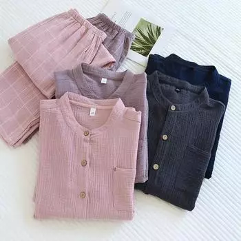 Новый комплект пижамы для пары из хлопчатобумажной креповой ткани с длинными рукавами, брюки из двух частей, кардиган, домашняя пижама M