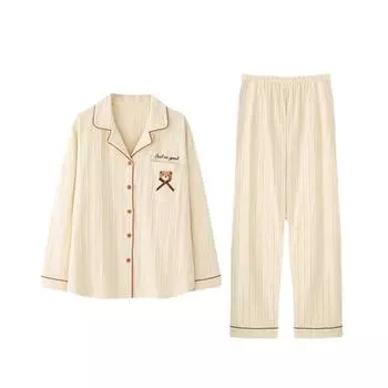 Новый комплект пижамы с длинными рукавами для женщин, весенняя и осенняя пижама из чистого хлопка, корейский стиль, домашняя пижама большого размера M