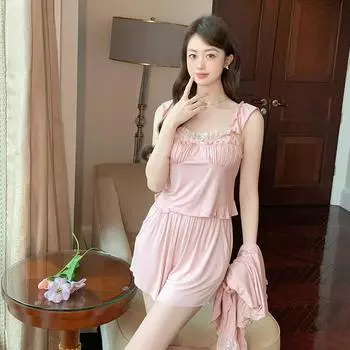 Новый комплект пижамы с подтяжками, летний комплект из трех предметов, милый комплект с шортами с длинными рукавами, верхняя одежда для дома S синий