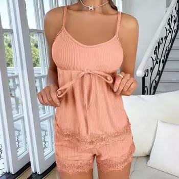Новый комплект пижамы женский трикотажный ребристый комплект из 2 предметов без рукавов майка с бретельками укороченный топ с заниженной талией шорты наряды домашняя одежда S