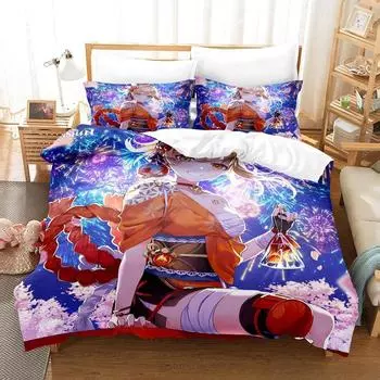 Новый комплект постельного белья Anime Genshin Impact Yoimiya King Duvet Cover Pillow Case Sofaer Cover Bedwear Bed Belts Home Textiles EU Twin 135x200cm