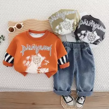 Новый комплект с длинными рукавами для мальчика 0-5 лет, детская толстовка с круглым вырезом и надписью, повседневные джинсовые брюки, модный комплект из двух предметов в полоску для мальчиков S оранжевый
