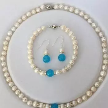 Новый комплект серег с белым жемчугом и аквамарином 7-8 мм, синий браслет и серьги
