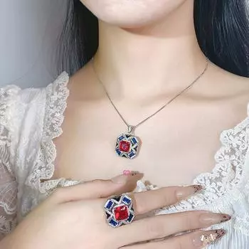 Новый комплект ювелирных изделий, ювелирное кольцо, ожерелье, изменит цвет, красный корунд, цвет циркония, женский, высокая мода, легкий, роскошный, универсальный