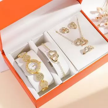 Новый комплект женских часов + вставка золотых бриллиантов, элегантный и минималистичный комплект в стиле Instagram, легкий роскошный стальной ремешок Love, комплект женских часов золотой