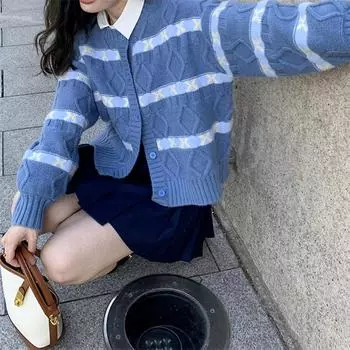 Новый контрастный цвет жаккардовый ромб толстый игольный свитер кардиган женский осень и зима свободный и тонкий универсальный вязаный жакет One size бежевый