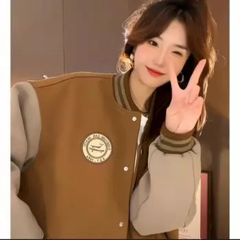 Новый контрастный цветной сращивание американский ретро бейсбол джерси бархатная куртка женская мода свитер кардиган over size S