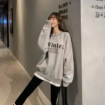 Новый корейский стиль свободные буквы универсальный поддельный из двух частей плюс бархат круглый вырез толстовка студентка пальто M