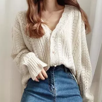 Новый корейский вязаный кардиган с крючком и цветочным узором, женский кардиган One Size бежевый
