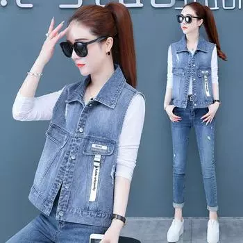 Новый короткий джинсовый жилет для женщин весной и осенью, маленькая фигура с камзолом и жилетом без рукавов S