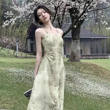 Новый костюм в китайском стиле в национальном стиле, платье, длинная юбка, летняя крутая юбка из двух частей Jiangnan Water Town Zen, чайный костюм Zen S зелёный