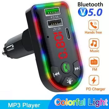 Новый красочный автомобильный FM-передатчик USB + Type-C 5V 3.1A FM-передатчик Bluetooth 5.0 Автомобильный MP3-плеер Беспроводной автомобильный комплект громкой связи U Disk/TF Музыкальный плеер чёрный