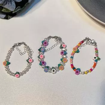 Новый красочный браслет с цветком, браслет в милом девичьем стиле, регулируемый браслет в форме жемчуга, универсальная ручная одежда 14 cm белый