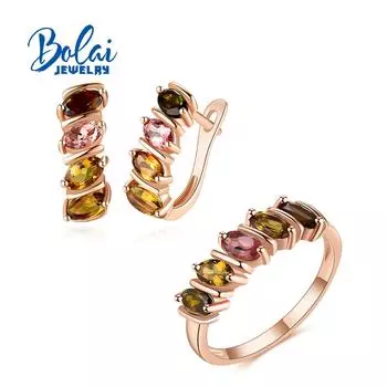 Новый красочный комплект украшений с турмалином, кольца из стерлингового серебра 925 пробы, серьги, натуральный драгоценный камень, милый дизайн для девочек, хороший подарок us ring size 5# зелёный/коричневый