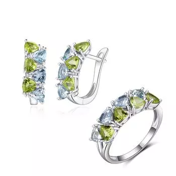 Новый красочный комплект ювелирных изделий с топазом и перидотом, серьги с застежкой из настоящего драгоценного камня, кольцо из стерлингового серебра 925 пробы для женщин, подарок, повседневная одежда us ring size 5# зелёный/синий