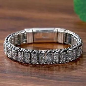 Новый креативный браслет Сутра ручной работы, мужские серебряные бусины, винтажные шестизначные индивидуальные браслеты с мантрой для женщин 26cm