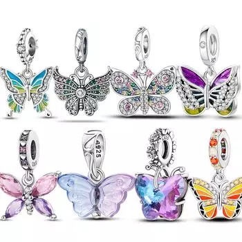 Новый кристаллический кулон-бабочка, бусины, подвески, стерлинговое серебро 925 пробы, подходят для оригинальных браслетов, ювелирных изделий для женщин, подарок