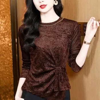 Новый круглый вырез с бусинами-гвоздиками и модная универсальная бархатная футболка с длинными рукавами, женская футболка-пуловер высокого класса M