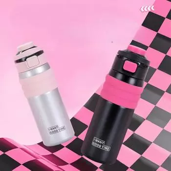 Новый крутой двойной термос для напитков из нержавеющей стали, переносной спортивный чайник с привлекательным внешним видом и горизонтальной чашкой-непроливайкой 600ml
