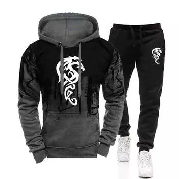 Новый крутой мужской свитшот с принтом дракона, комплект с капюшоном и спортивными штанами, повседневная мужская спортивная одежда для фитнеса 2024, S-4XL 3XL серый
