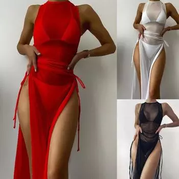 Новый купальник бикини из трех частей, европейский и американский сексуальный разноцветный сетчатый блузка, пляжный купальник S бордовый