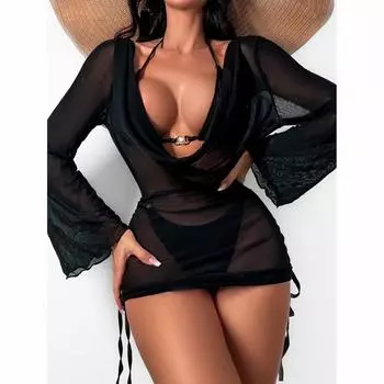 Новый купальник-бикини с завязками на шее и рукавами, бразильский комплект бикини из 3 предметов, купальник с высокой талией для пляжного отдыха S чёрный