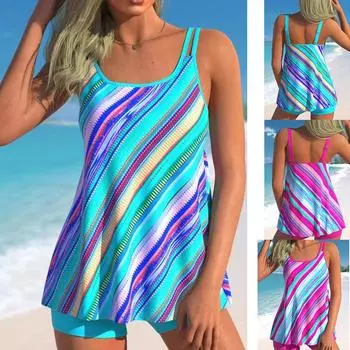 Новый купальник больших размеров с радужным принтом, женский купальник с высокой талией, женский купальный костюм из двух предметов, танкини, купальники, пляжная одежда S синий