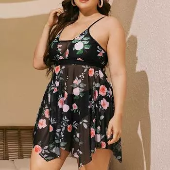 Новый купальник больших размеров с принтом, женский купальник с высокой талией, женский купальный костюм из двух предметов, танкини, купальники, пляжная одежда 0XL чёрный