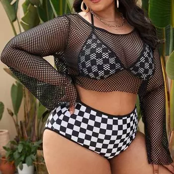 Новый купальник большого размера, женский сексуальный купальник бикини, черно-белый клетчатый комплект из трех предметов 0XL