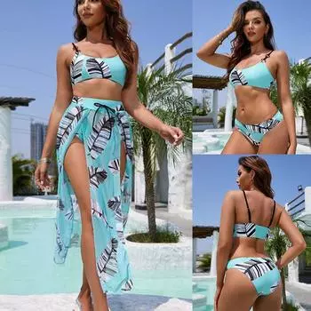 Новый купальник из двух частей, сексуальный эластичный плотный пляжный купальник для женщин, бразильское бикини, комплект из трех частей, газовая юбка S синий