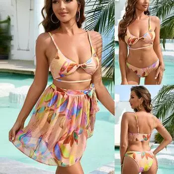 Новый купальник из двух частей, сексуальный эластичный плотный пляжный купальник для женщин, бразильское бикини, комплект из трех частей, газовая юбка S жёлтый