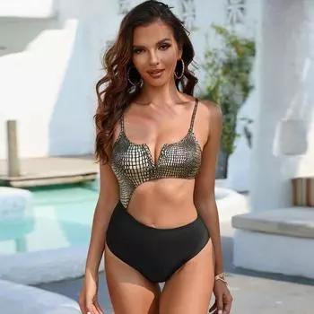 Новый купальник с золотым тиснением, цельный купальник, сексуальный эластичный плотный пляжный купальник для женщин, бразильское бикини S чёрный