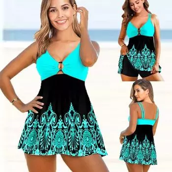 Новый купальник танкини больших размеров из двух предметов с принтом, женский большой купальник-монокини, купальный костюм 2024, летний купальник 5XL S синий